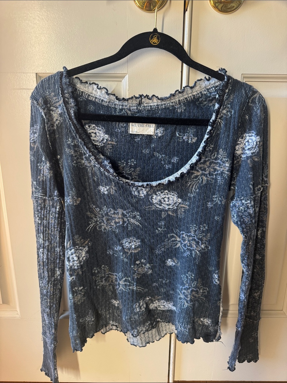 We The Free Denim Blue Floral Ribbed Scoop Neck Long Sleeve Top